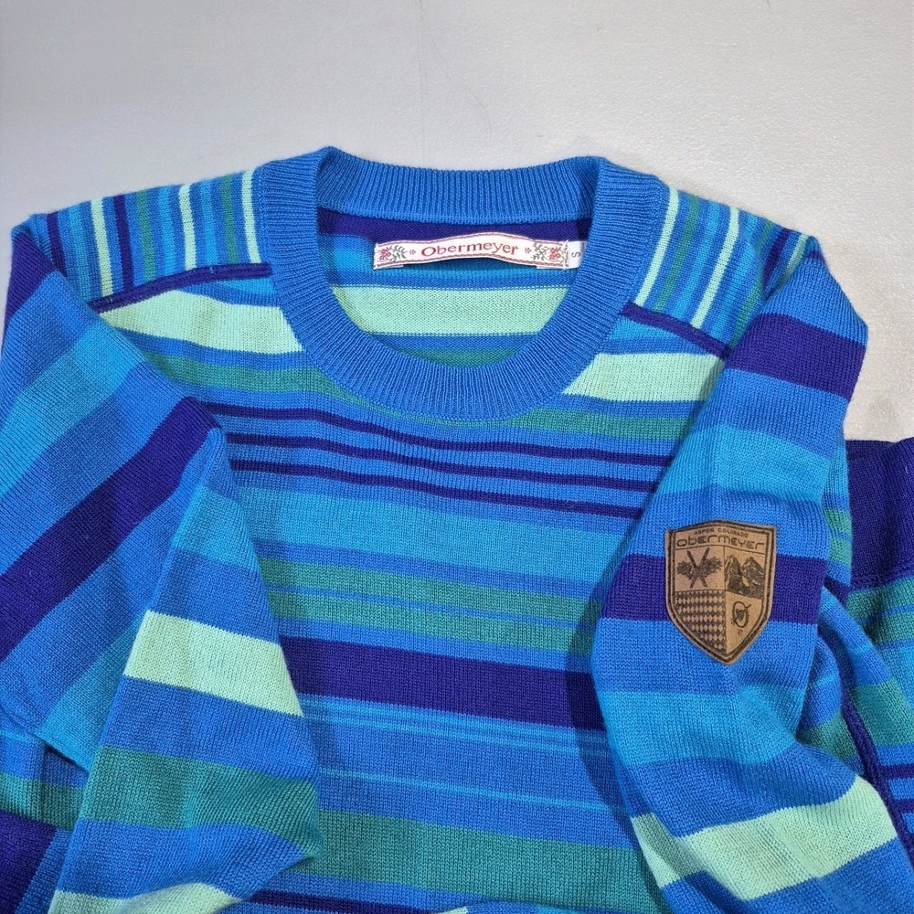 Obermeyer Sweater Womens Small Blue Green Stripe Merino‎ Wool Blend Apres Ski